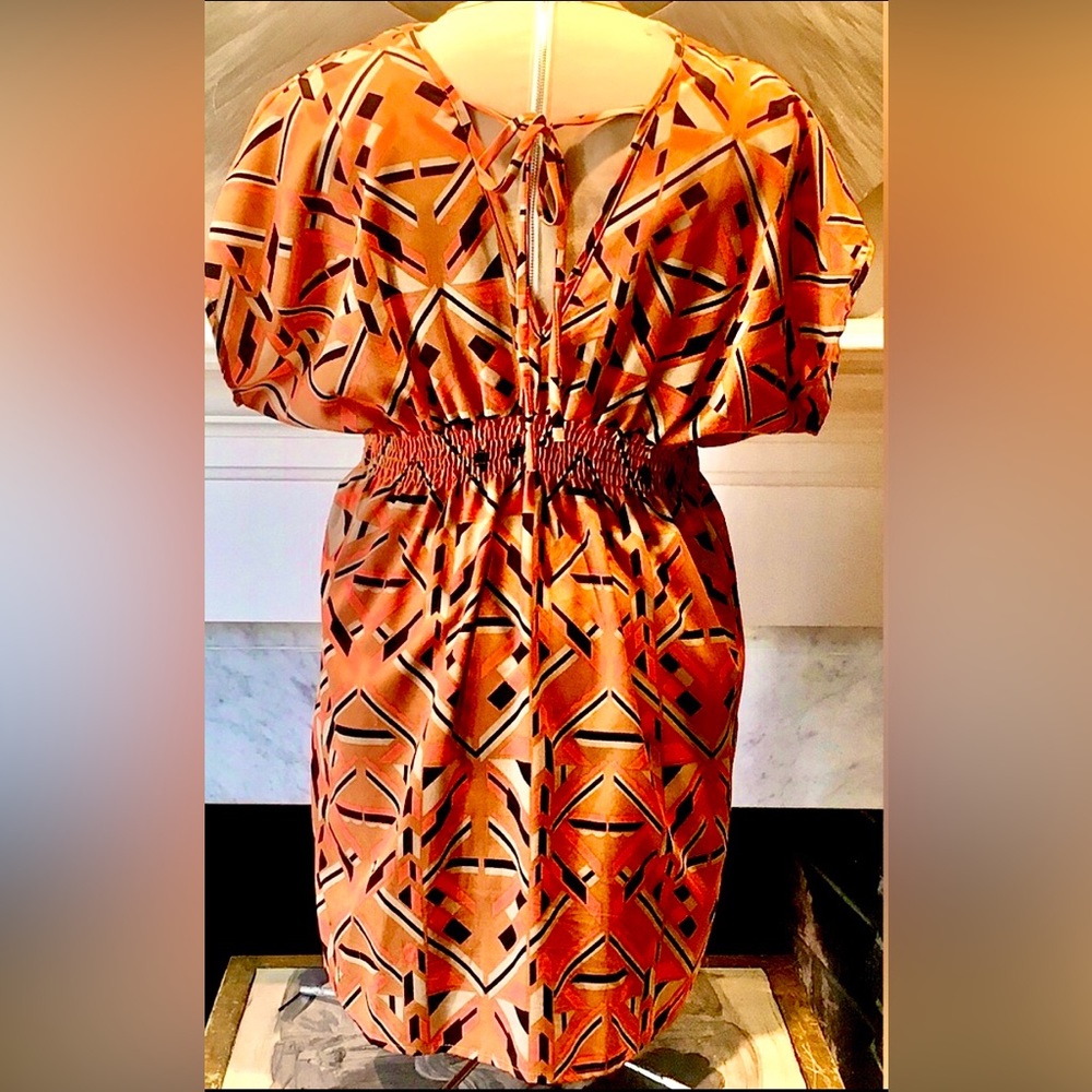 WISH Kimono orange blue mini dress Geometric pattern Smock waist Short sleeve - Picture 8 of 16
